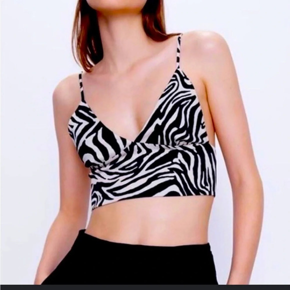 Zara shirt - black/cream zebra print cropped top - Picture 1 of 7